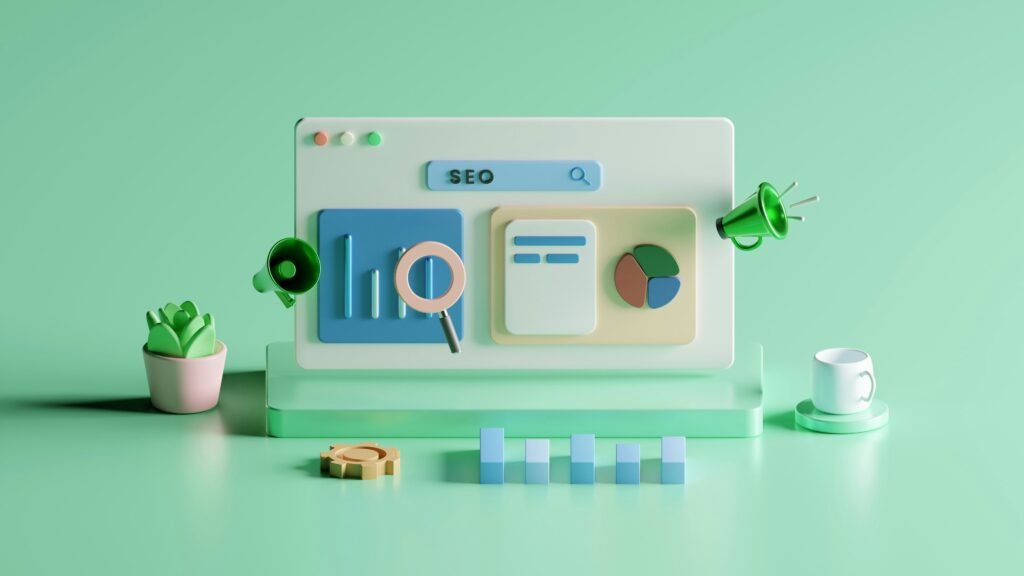 Dibujo con lupa, taza, gráficas, altavoces y l apalabra seo