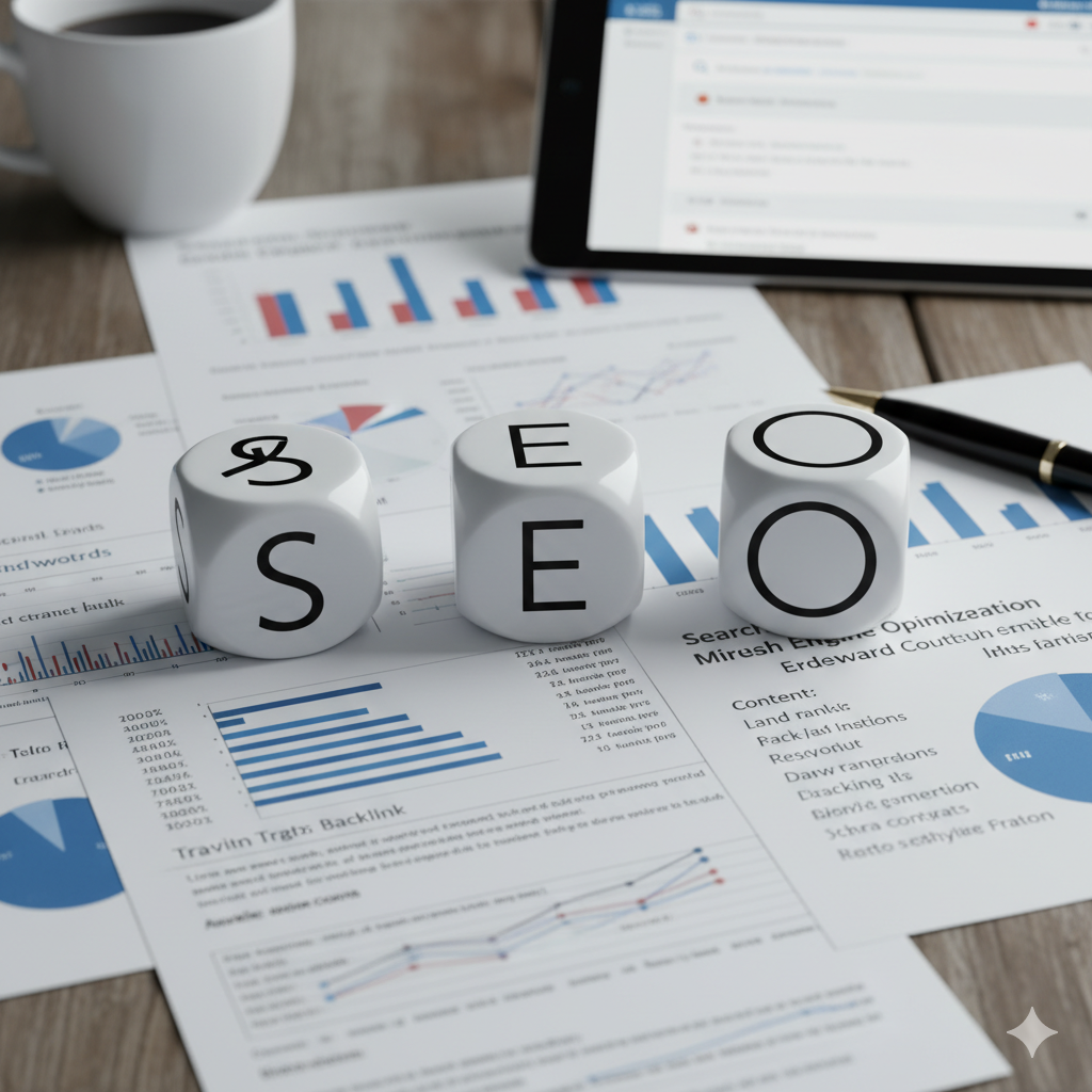 Dados formando la palabra SEO sobre una mesa llena de papeles