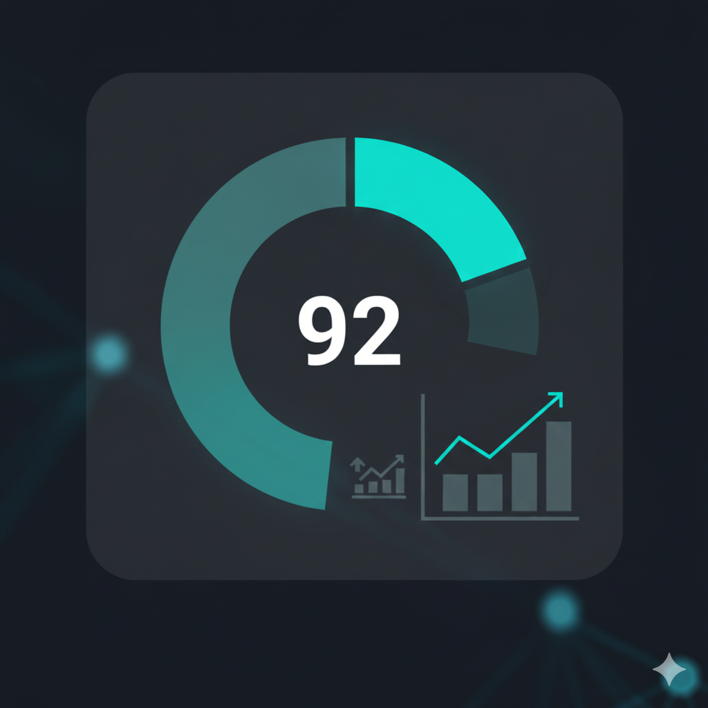 Diagrama circular con un 92 en el centro  y una gráfica de barras ascendente