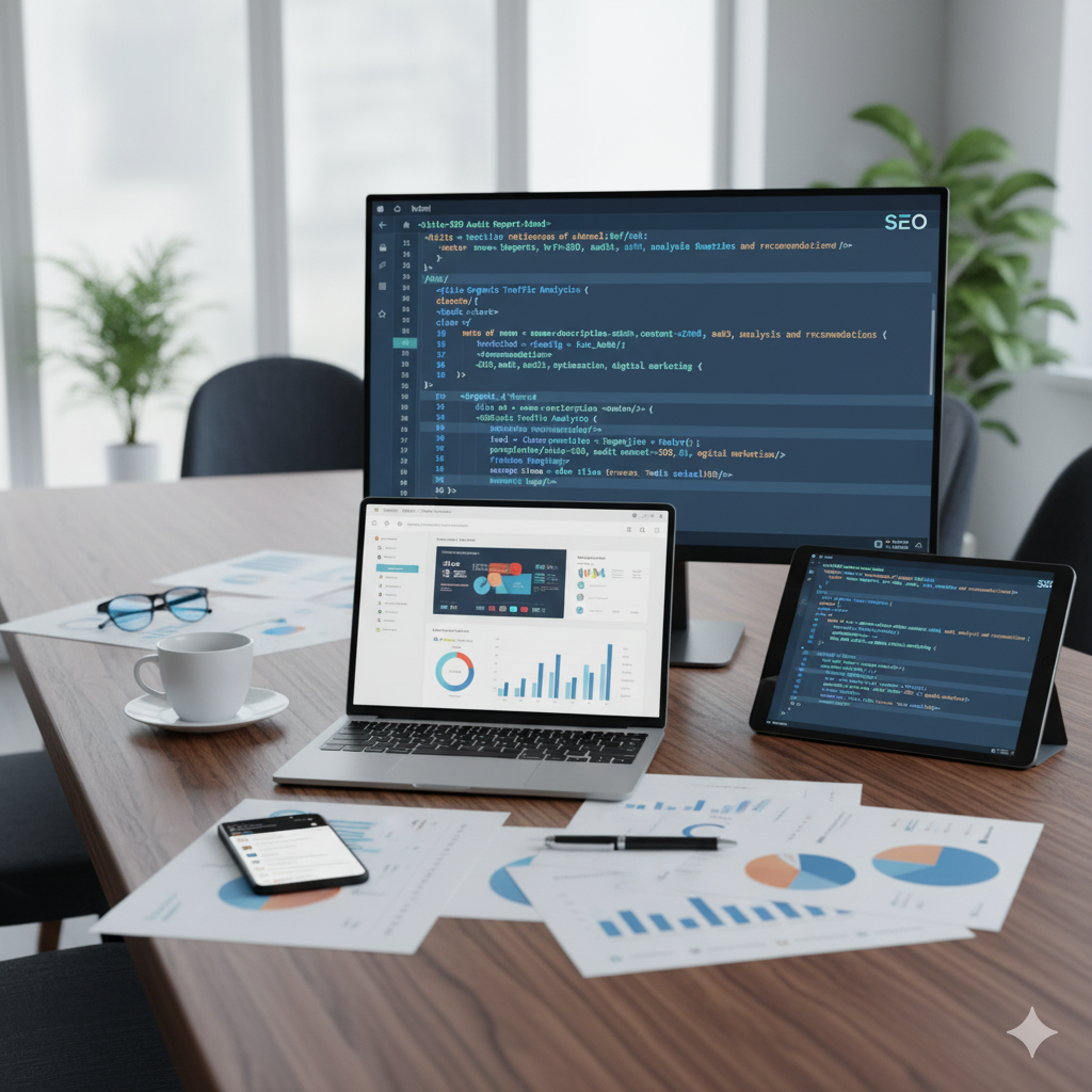 Mesa sobre la que aparece una tableta, un portátil , un teclado y un Mac