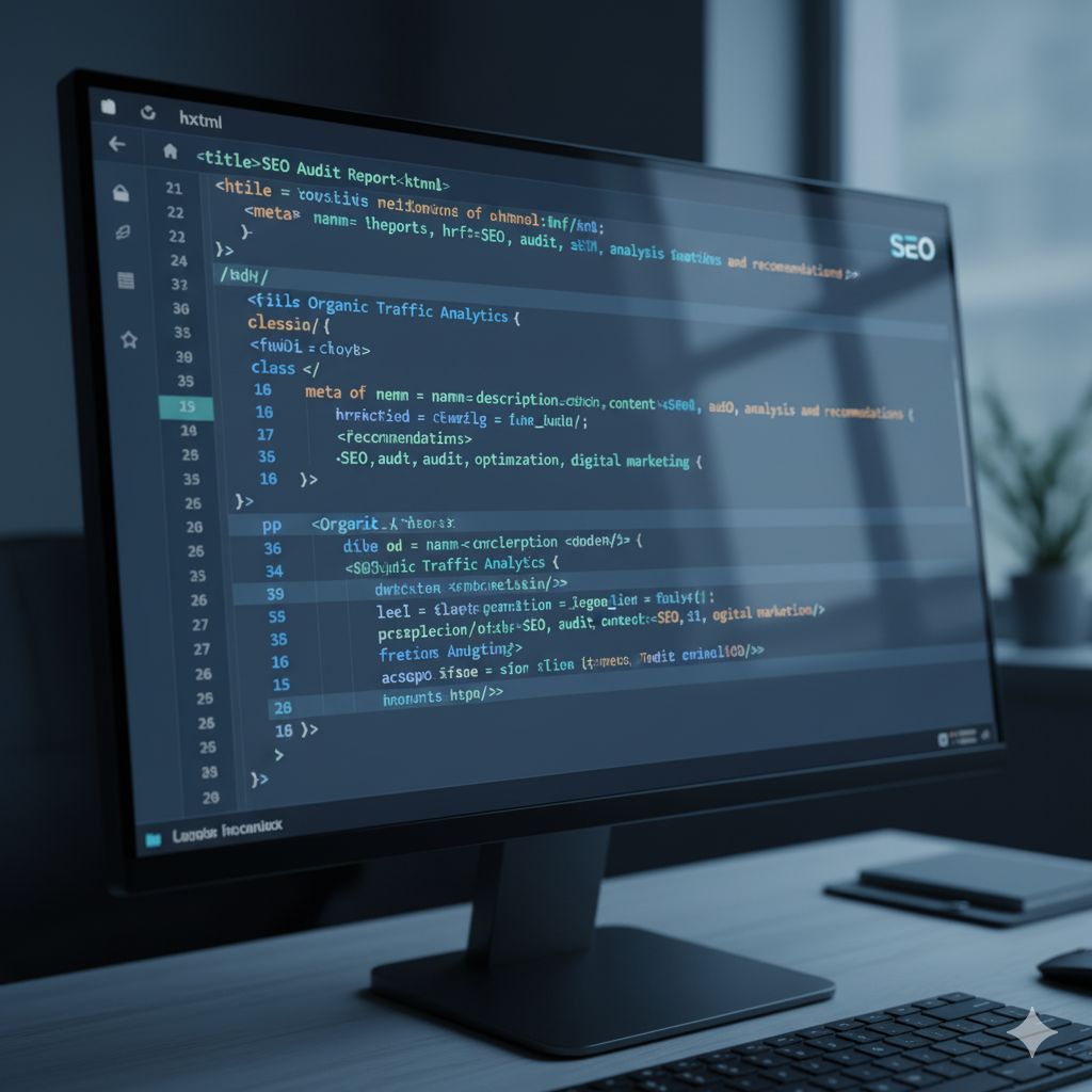 Pantalla de ordenador con código HTLM y la palabra SEO en uno de sus lados