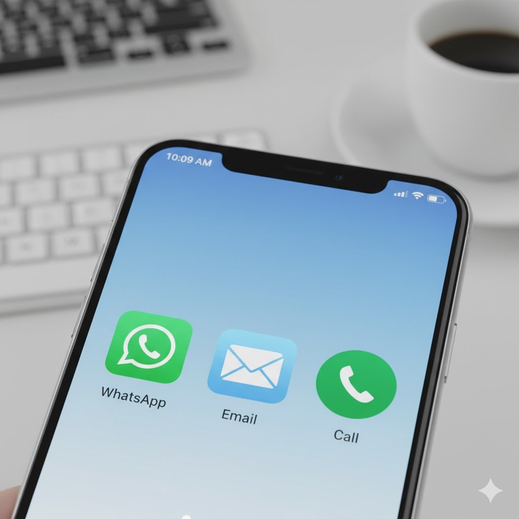 Primer plano de una pantalla de móvil con los iconos de las aplicaciones de whtsapp, correo electrónico y teléfono de llamadas.  Llama a Oarseo Marketing Digital