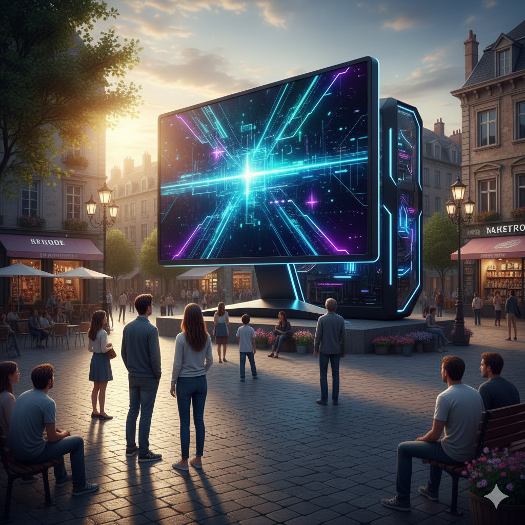 Pantalla de ordenador gigante en el centro de una plaza con gente mirandola