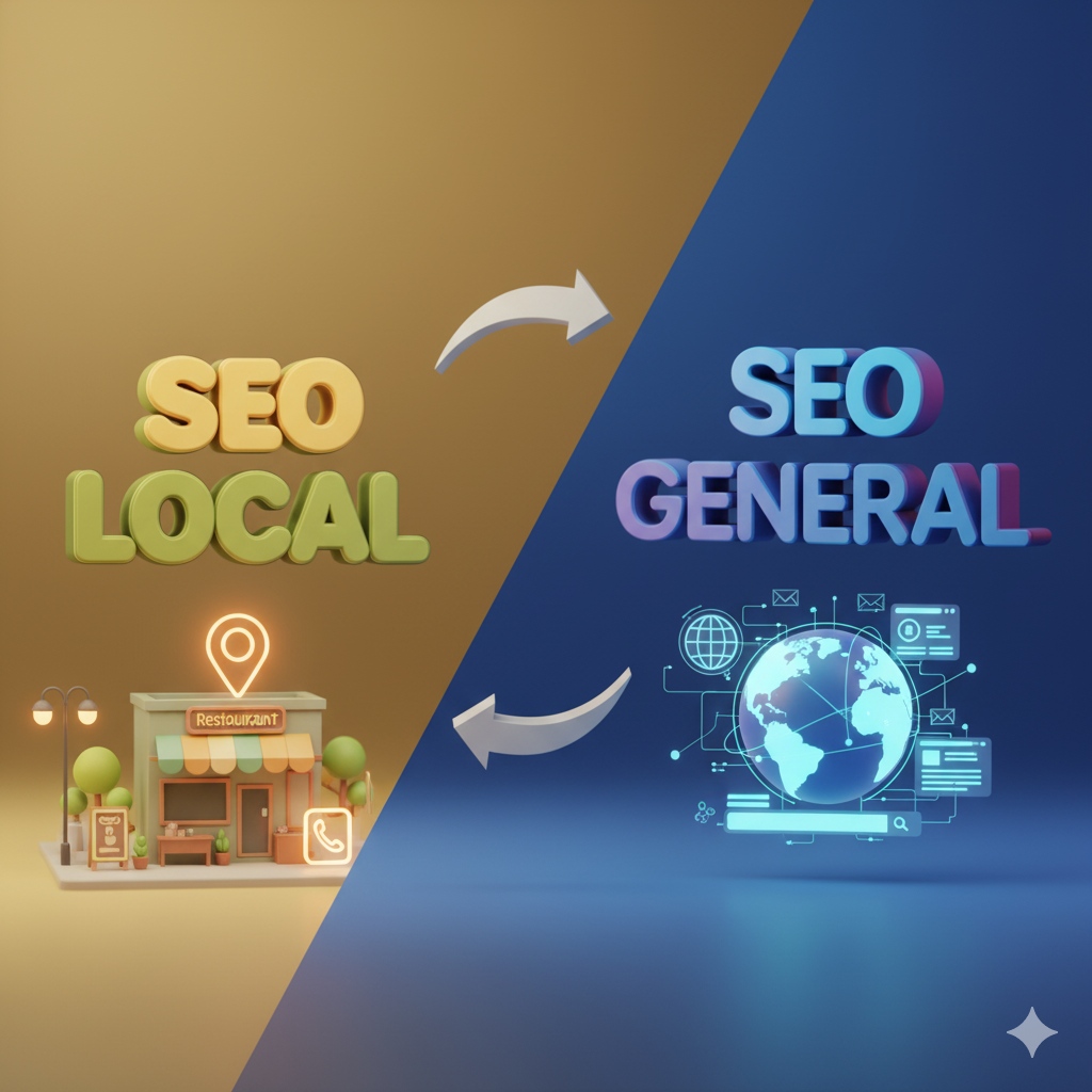 Dibujo en el que se contrapone el SEO local representado por una tienda frente al SEO general representado por un mapa esférico