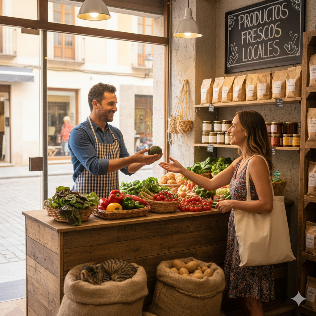 Tendeo vendiendo sus productos en su negocio local a una clienta