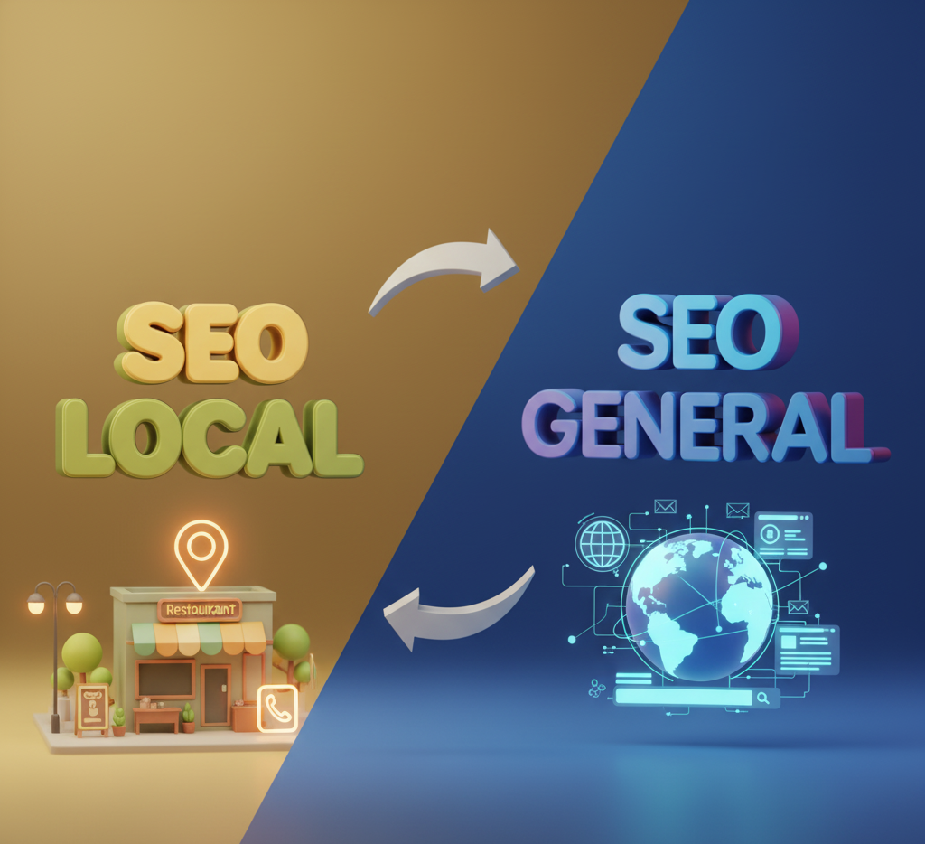 Imagen donde se ve la transixión del seo local al seo general. Seo local,  una tienda yy el general representada por una bola del mundo con dispositivos digitales alrededor