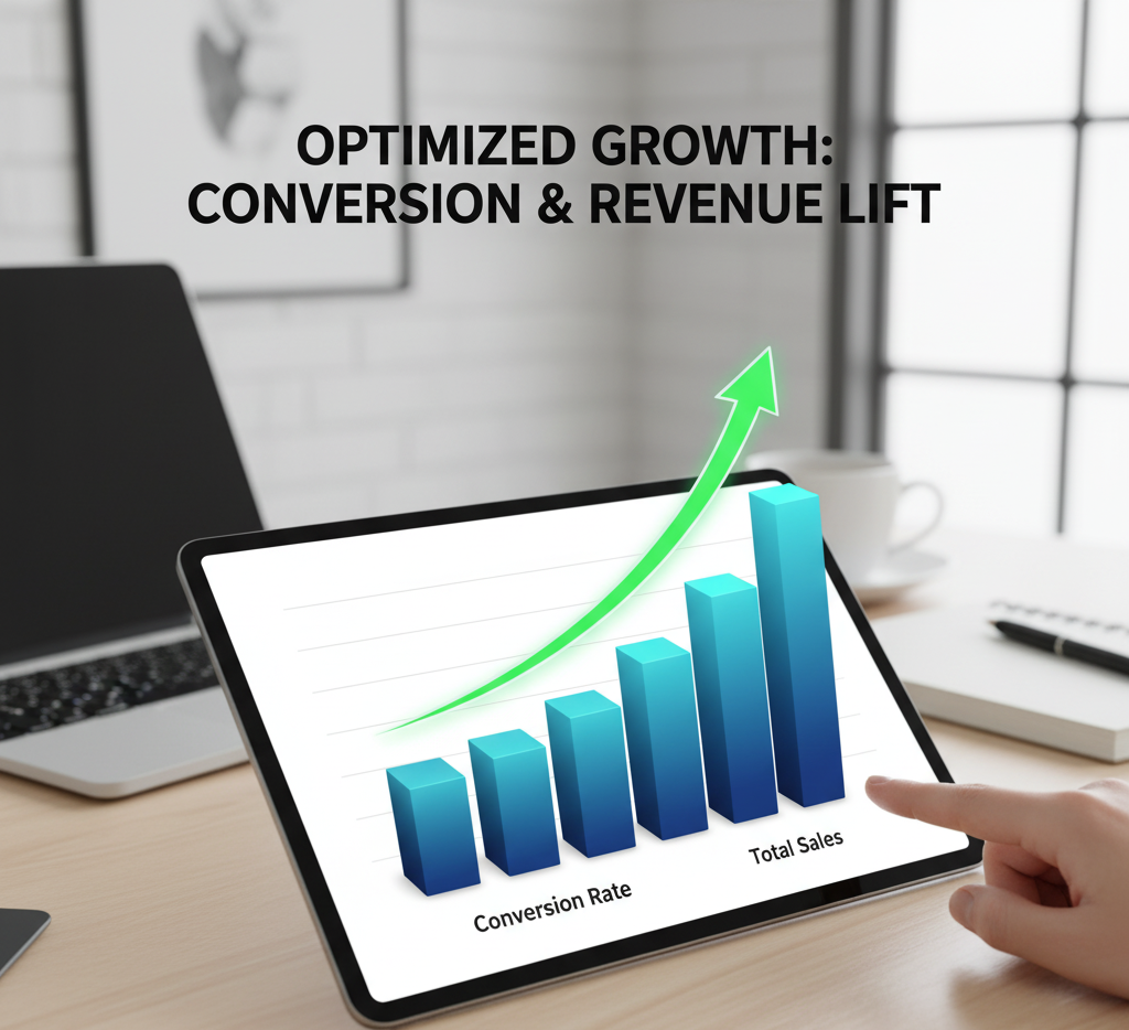 Pantalla de tablet con diagrama en crecimiento y con la leyenda que dice que optimices tu crecimiento y conversión
