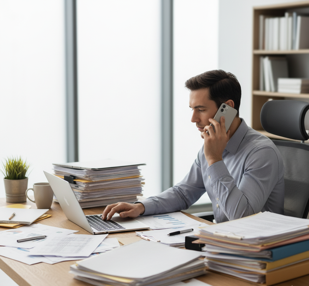 Joven en su despacho atendiendo al teléfono y trabajando en su ordenador portátil