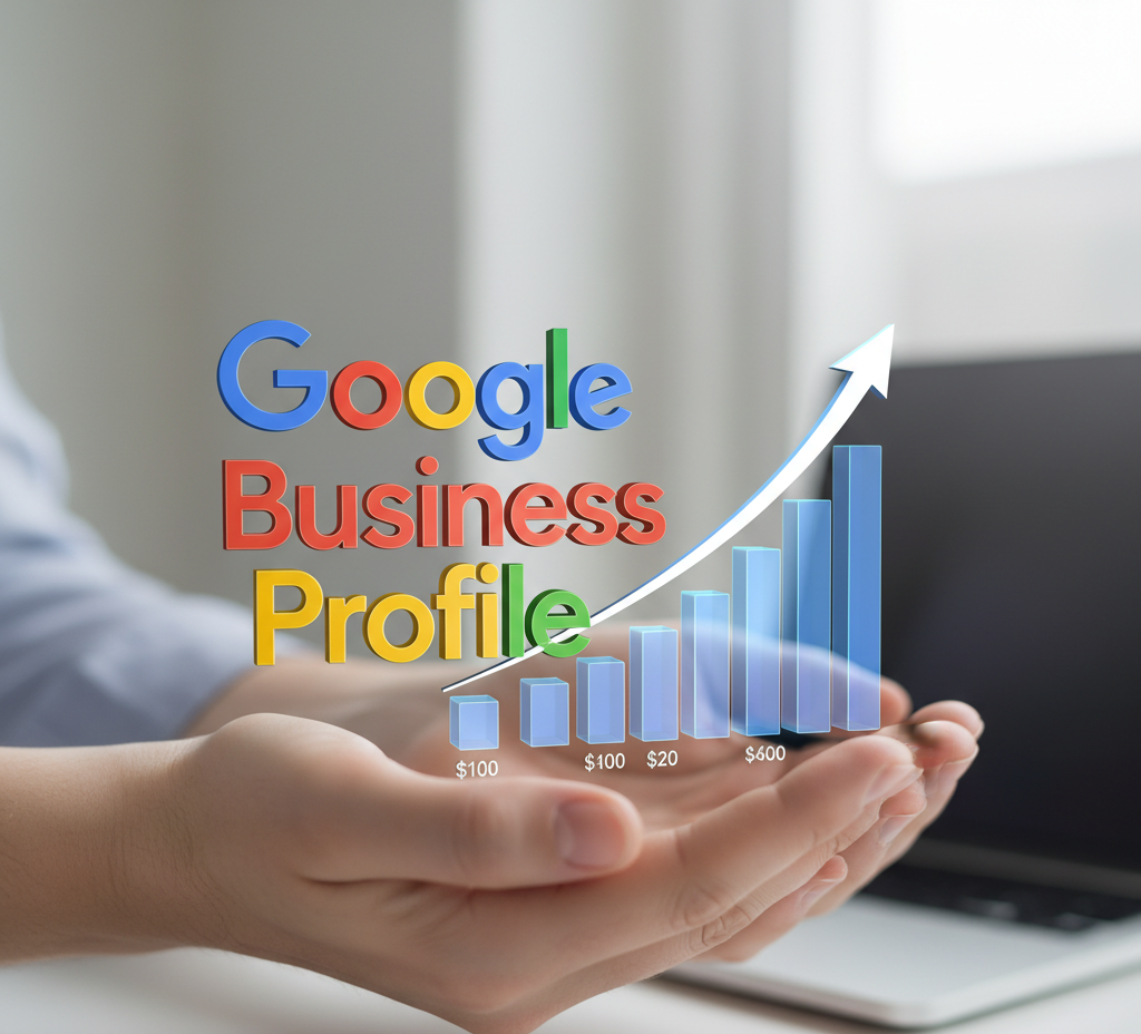 Unas manos que sostienen un diagrama de barras en crecimiento virtual y encima las palabras Google Business Profile