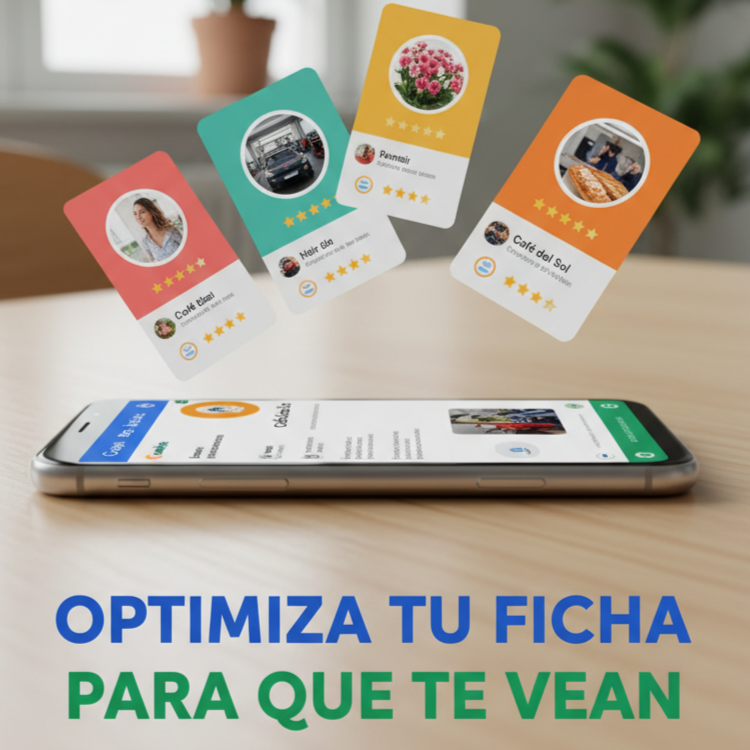 Móvil sobre la mesa con tarjetas que contienen reseñas de clientes y una leyenda que dice que optimices tu ficha opara quue te vean